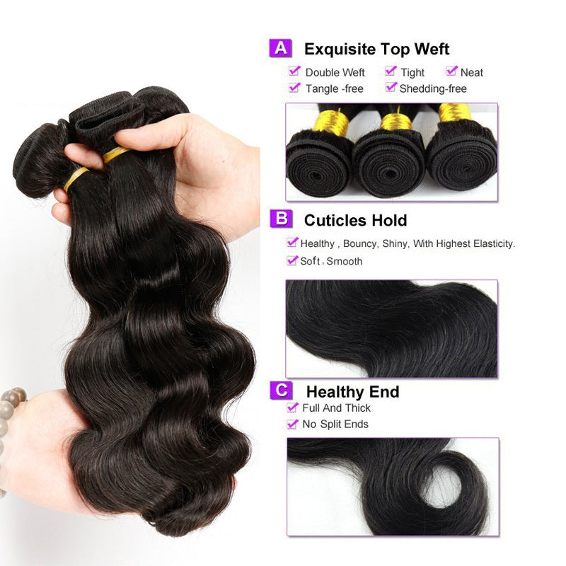 [Abyhair 10A] Peruvian Human Hair Body Wave 3 Bundles With 4x4 Lace Closure Free Part