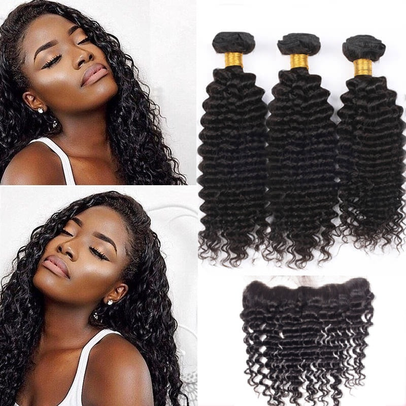 [Abyhair 9A] Deep Wave 13x 4 Lace Frontal Closure With 3 Bundles Malaysian Human Hair