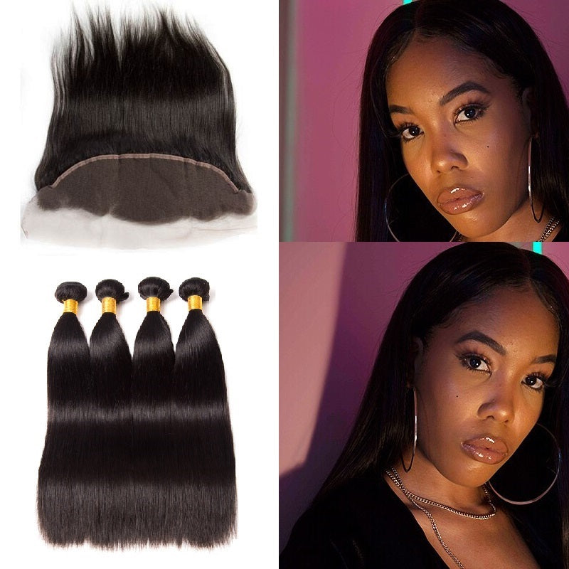 [Abyhair 10A] Peruvian Straight 4 Bundles With 13x 4 Lace Frontal Closure With Baby Hair