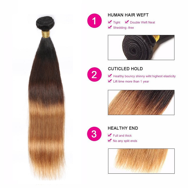 [Abyhair 10A] Ombre 1B/4/27 Brazilian Straight 1 Bundle Virgin Human Hair Weave