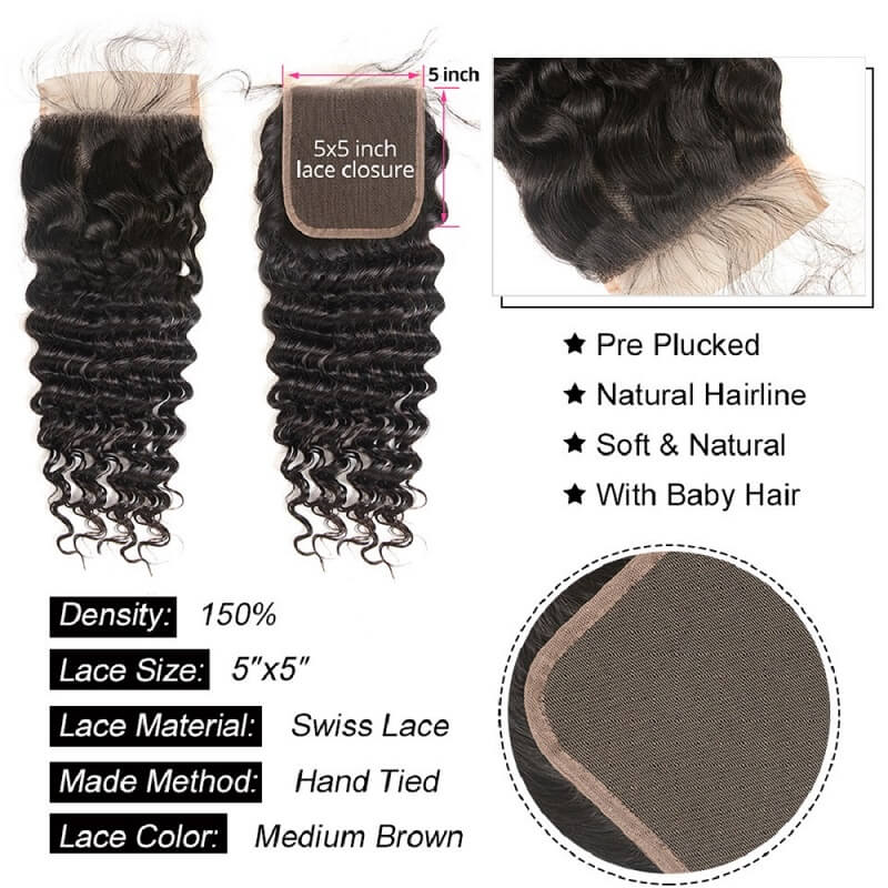 [Abyhair 10A] Deep Wave 5x5 Lace Closure Human Hair Swiss Lace Closure Pre Plucked With Baby Hair