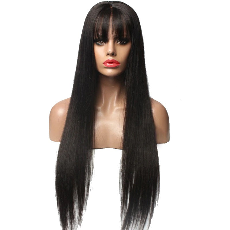Silky Straight Glueless Full Lace Wig with Bangs Pre Plucked Human Hair Wigs