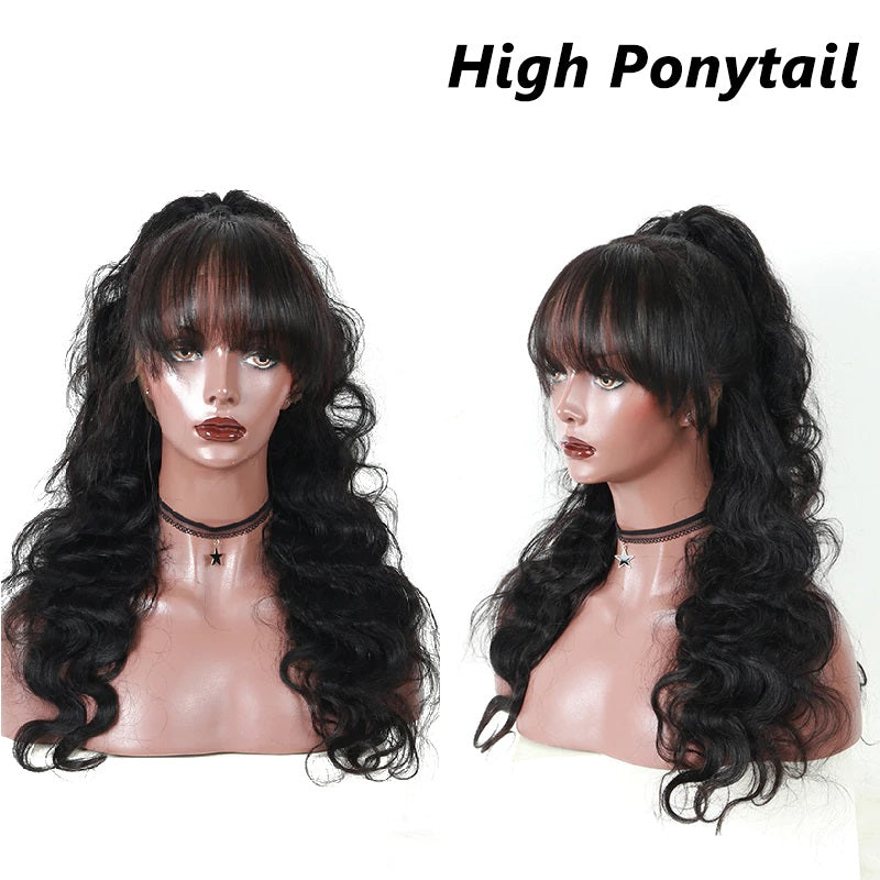 13x6 Lace Front Wigs With Bangs Body Wave Pre Plucked Human Hair Wigs