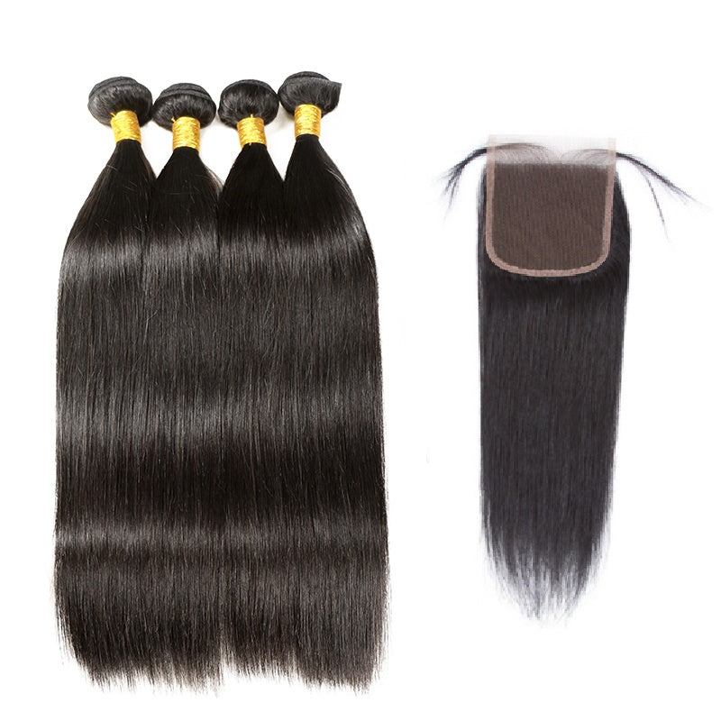 [Abyhair 8A] Brazilian 4 Bundles With 4x4 Lace Closure Straight Remy Human Hair