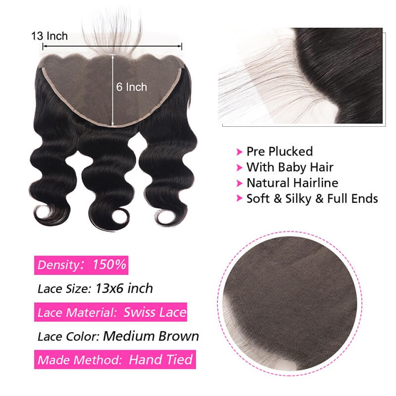 [Abyhair 10A] Body Wave 13x6 Ear To Ear Lace Frontal Closure Free Part With Baby Hair
