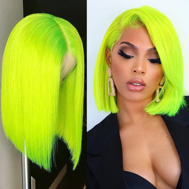 [Custom Unit] Hightlight Neon Green Short Bob Straight 360 Full Lace Front Human Remy Hair Wig