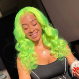 [Custom Unit] Lime Green Long Body Wave 360 Full Lace Front Human Remy Hair Wig