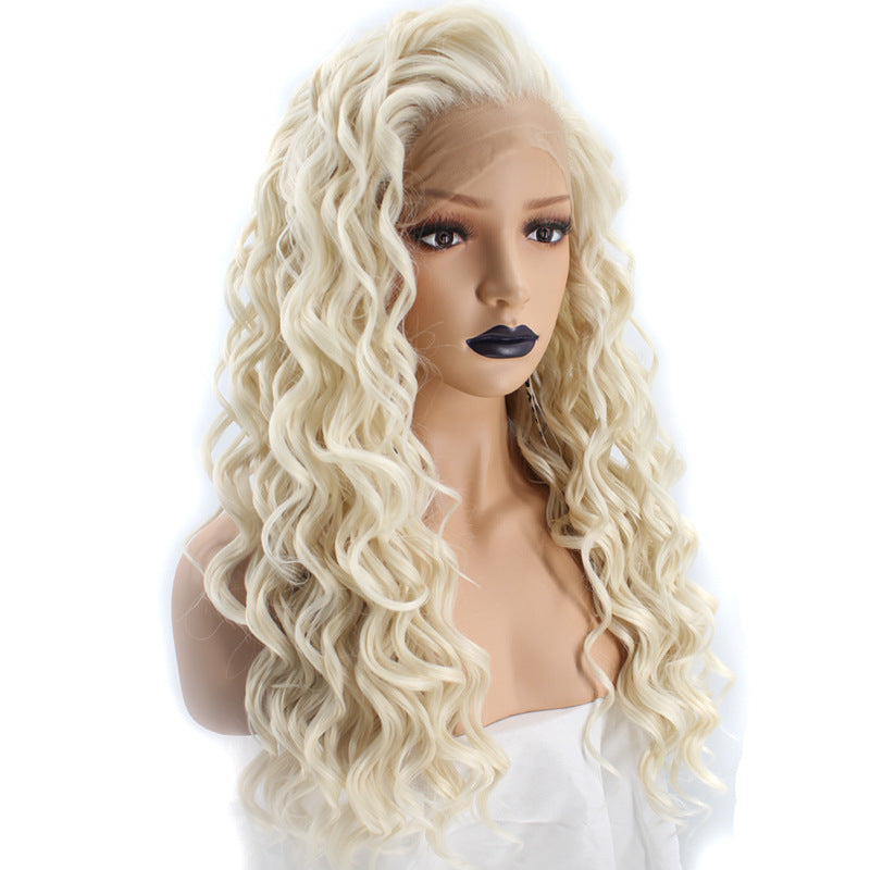 180% Density Long Deep Wave Platinum Blonde Synthetic Lace Front Wig For Women