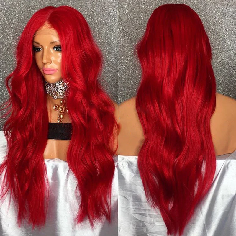 Long Red Wavy Wig Synthetic Lace Front Wigs With Baby Hair 180% Density