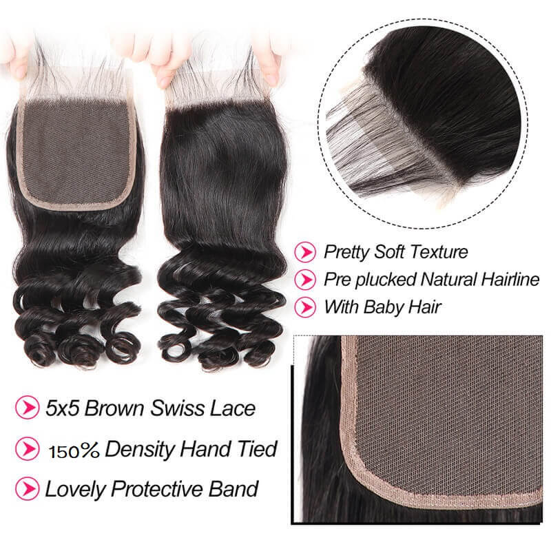 [Abyhair 10A] 5x5 Lace Closure Loose Wave Human Hair Swiss Lace Closure Pre Plucked With Baby Hair