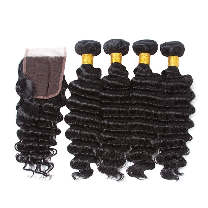 [Abyhair 9A] Deep Wave 13x 4 Lace Frontal Closure With 4 Bundles Indian Human Hair