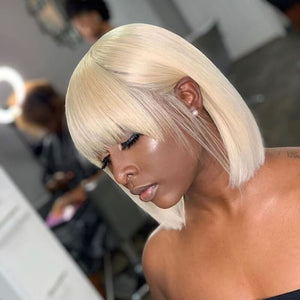 Short Bob 613 Blonde Straight 13x4 Lace Frontal Human Hair Wigs With Bangs