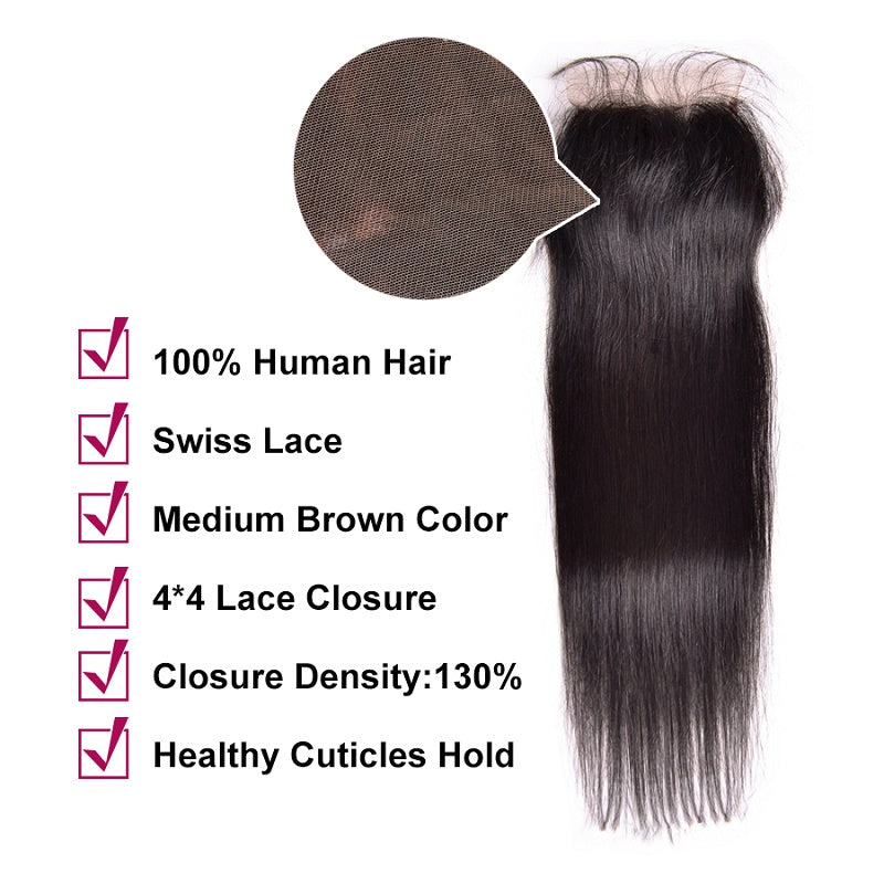 [Abyhair 9A] Straight Hair 4 Bundles With 4x4 Lace Closure Brazilian Human Hair