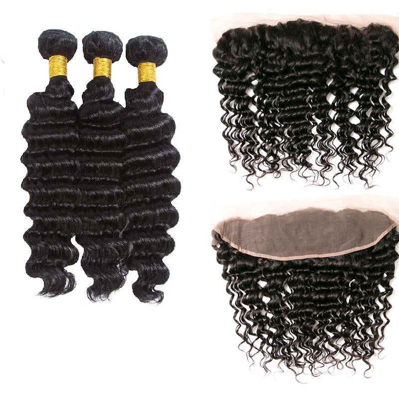 [Abyhair 8A] Deep Wave Weave 3 Bundles With Lace Frontal 13x4 Closure Malaysian Remy Hair