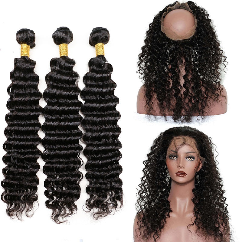 [Abyhair 8A] Deep Wave 360 Lace Frontal With 3 Bundles Natural Hairline Malaysian Remy Hair Weave
