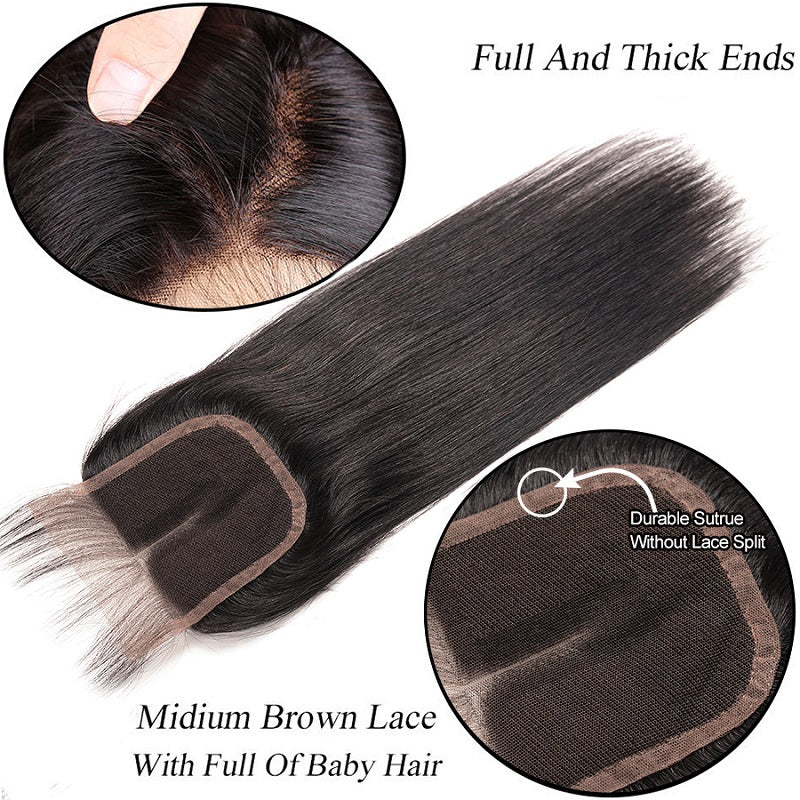 [Abyhair 10A] Peruvian Human Straight Hair 3 Bundles With 4x4 Lace Closure Free Part