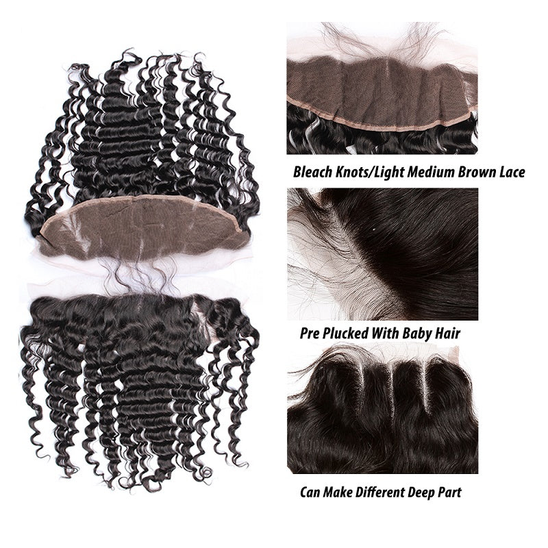 [Abyhair 10A] Brazilian Deep Wave 4 Bundles With 13x 4 Lace Frontal Closure With Baby Hair