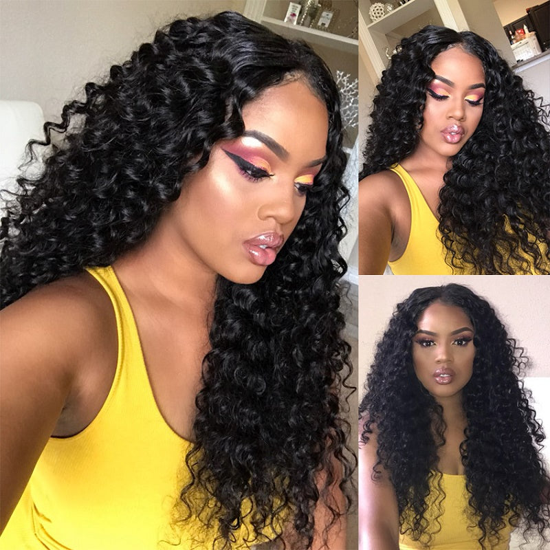 [Abyhair 10A] Indian Human Hair Deep Wave 3 Bundles With 4x4 Lace Closure Free Part