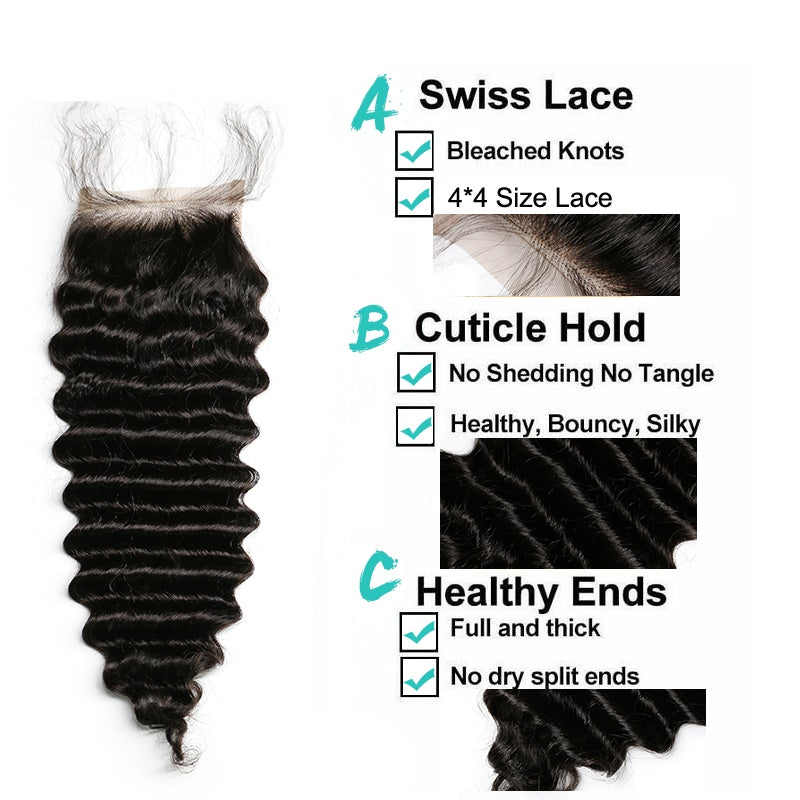 [Abyhair 9A] Deep Wave 3 Bundles With 4x4 Lace Closure Malaysian Human Hair