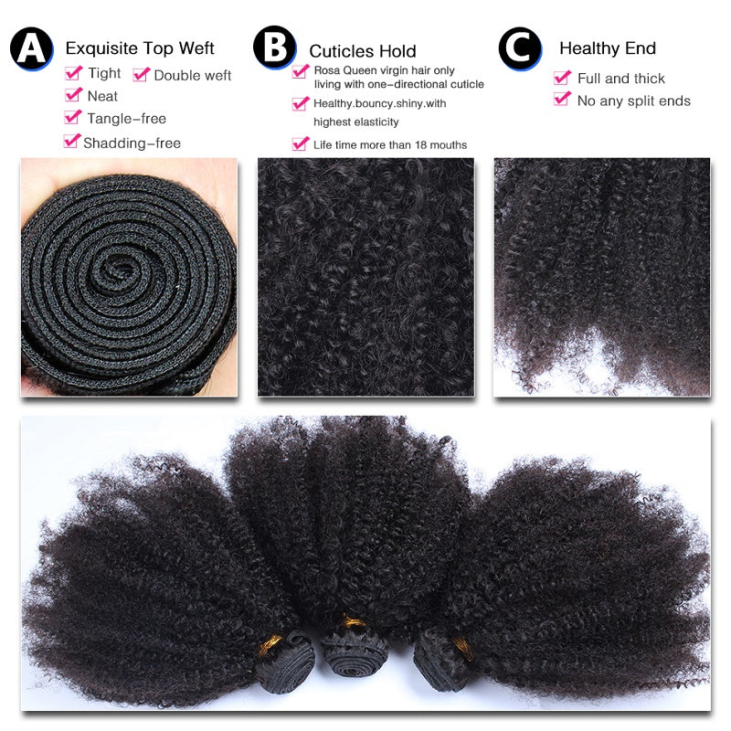 [Abyhair 10A] Brazilian Human Hair Afro Kinky Curly 3 Bundles With 4x4 Lace Closure Free Part