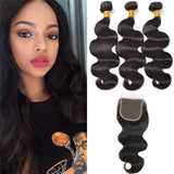 [Abyhair 10A] Peruvian Human Hair Body Wave 3 Bundles With 4x4 Lace Closure Free Part