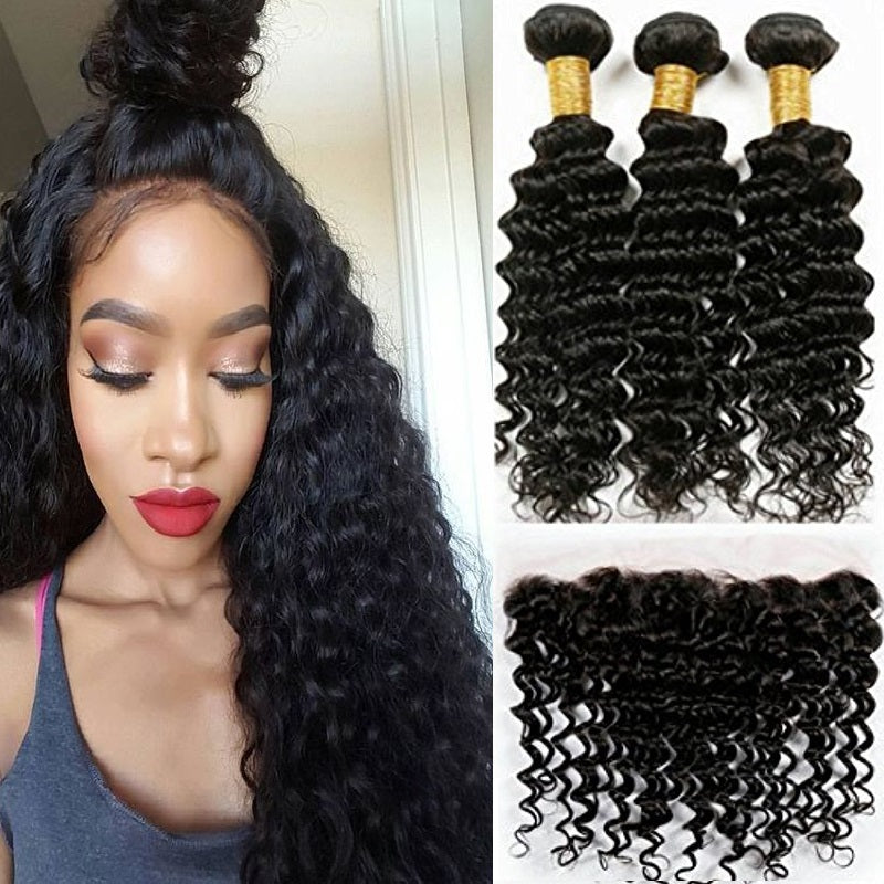 [Abyhair 9A] Deep Wave 13x 4 Lace Frontal Closure With 3 Bundles Brazilian Human Hair