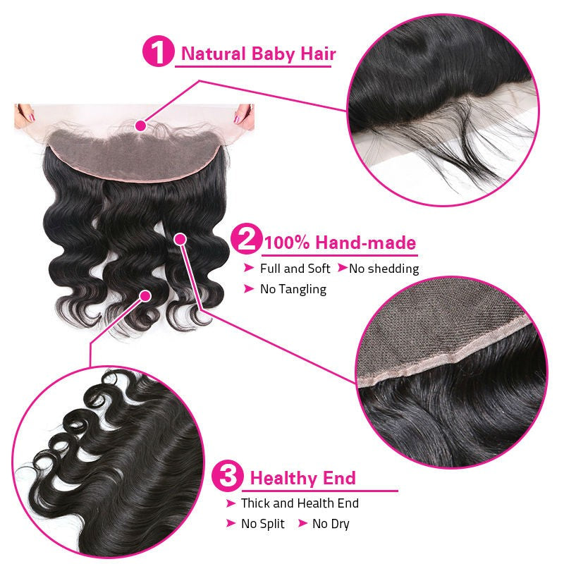 [Abyhair 10A] Malaysian Body Wave 3 Bundles With 13x 4 Lace Frontal Closure With Baby Hair