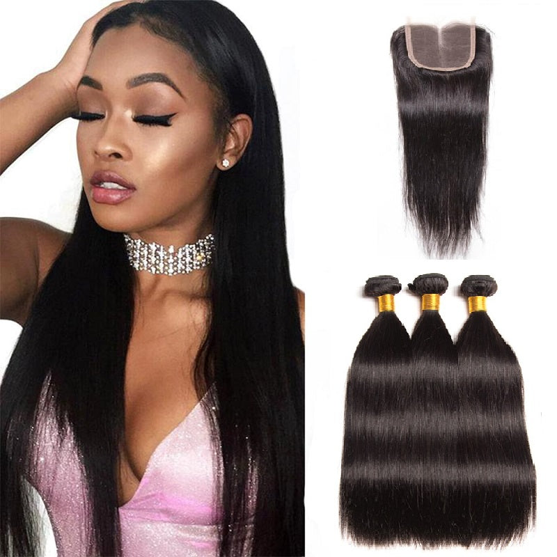 [Abyhair 10A] Indian Human Straight Hair 3 Bundles With 4x4 Lace Closure Free Part